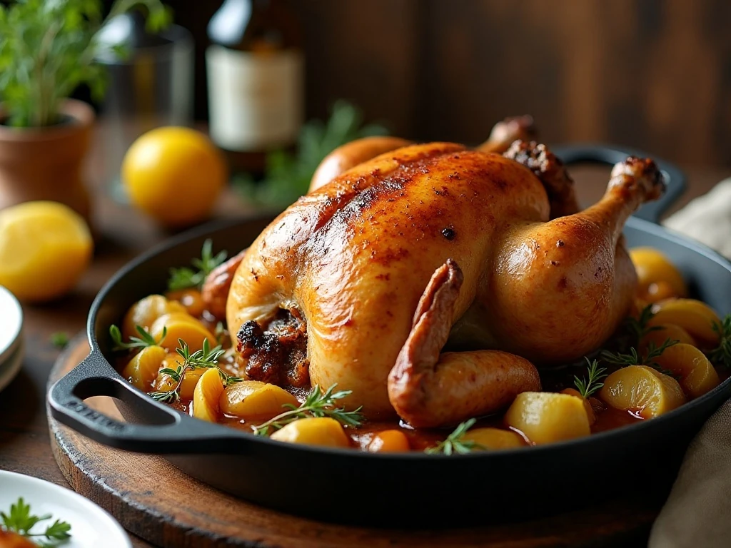 Whole roasted chicken served over browned cabbage wedges