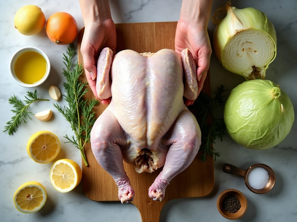 Ingredients for oven-roasted whole chicken with cabbage