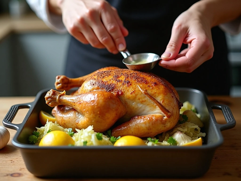 Seasoned chicken placed over cabbage in a roasting pan
