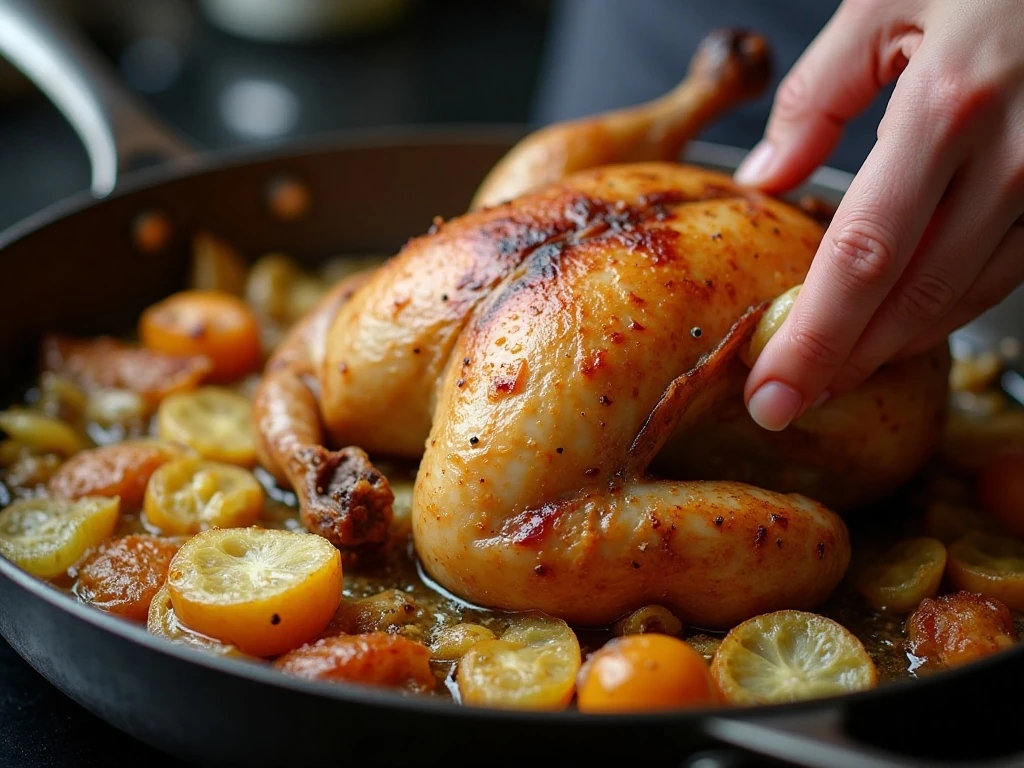 Browned cabbage roasting beneath a whole chicken