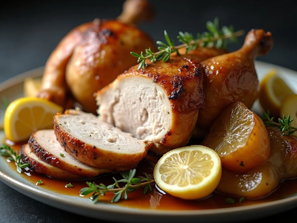 Carved roast chicken with cabbage, lemon, and thyme