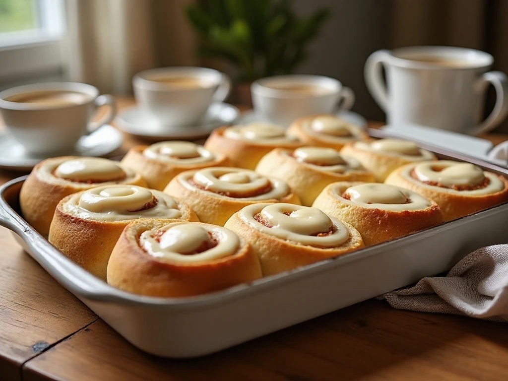 Pan of warm overnight cinnamon rolls ready for breakfast
