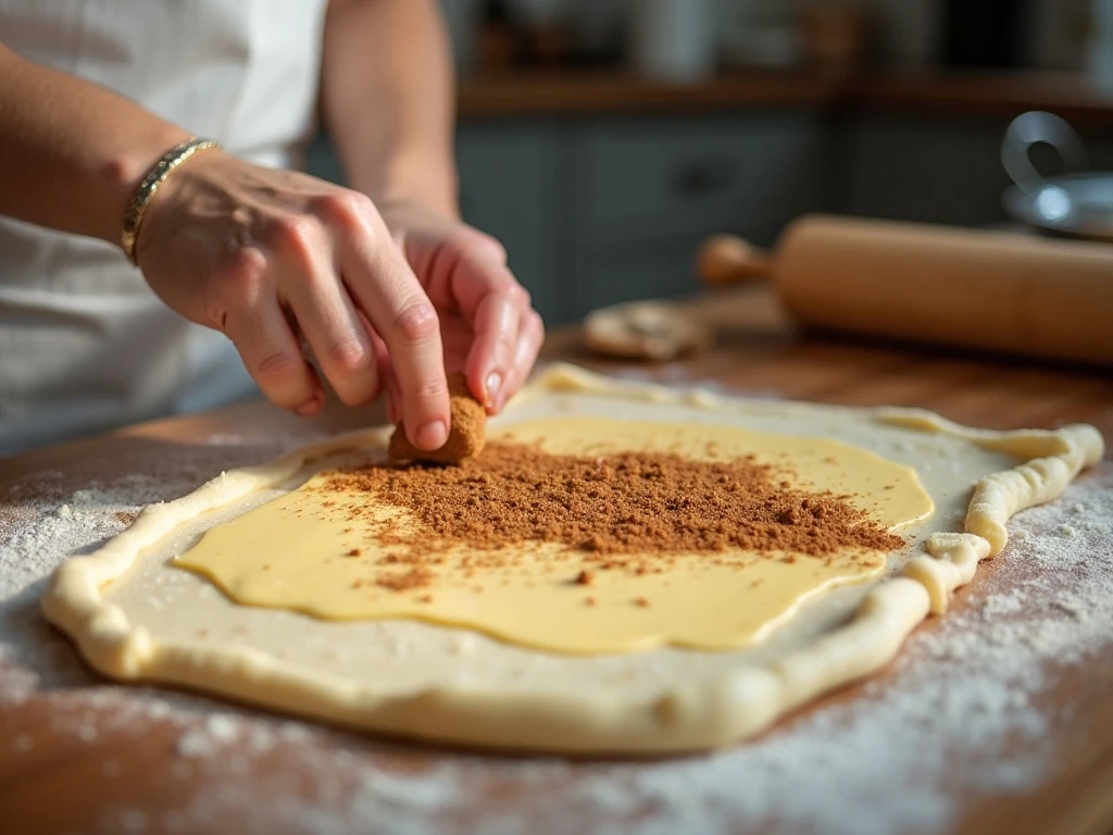 Preparing the cinnamon filling on rolled cinnamon roll dough