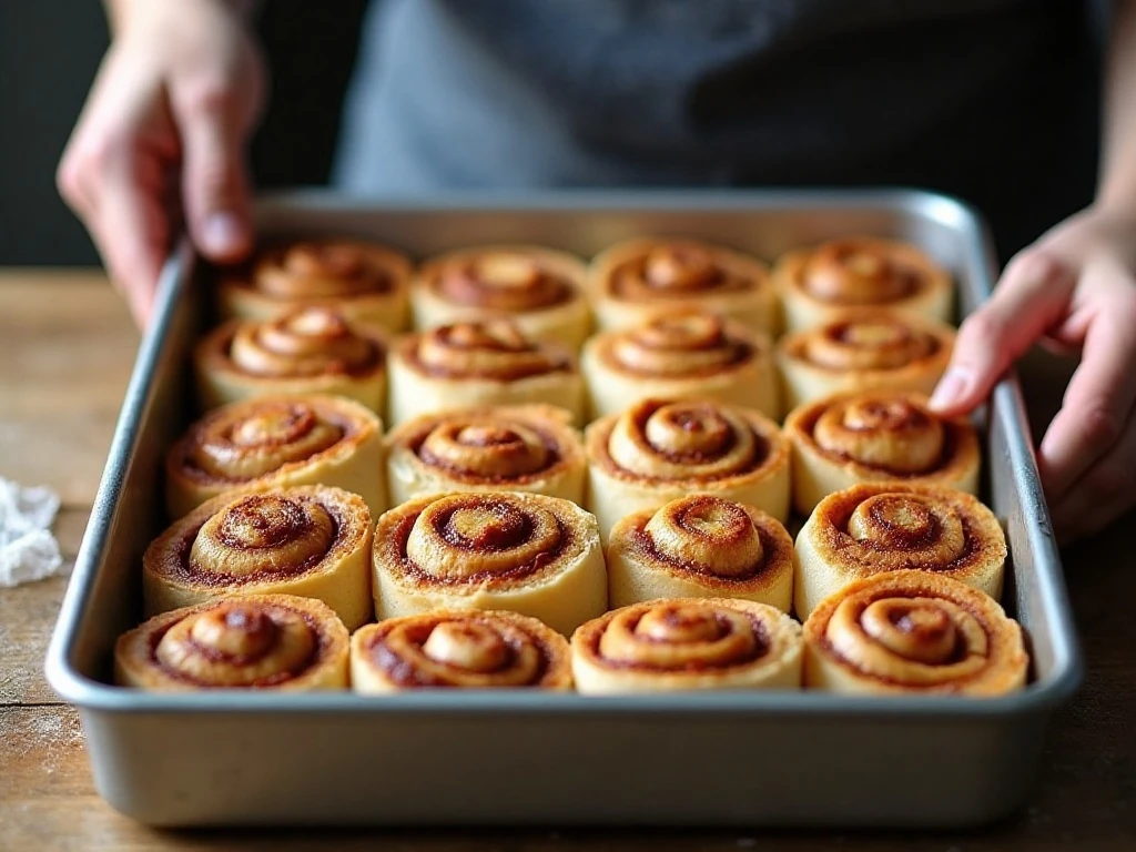 Shaped cinnamon rolls arranged in a baking dish before chilling