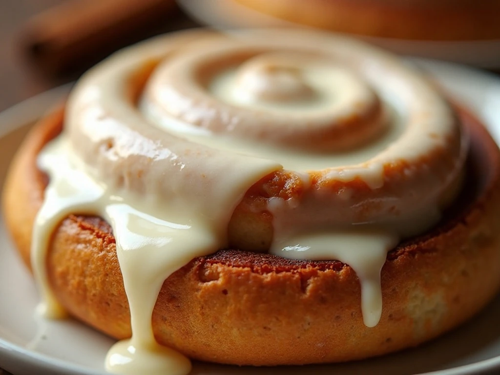 Cream-cheese icing melting over a warm cinnamon roll