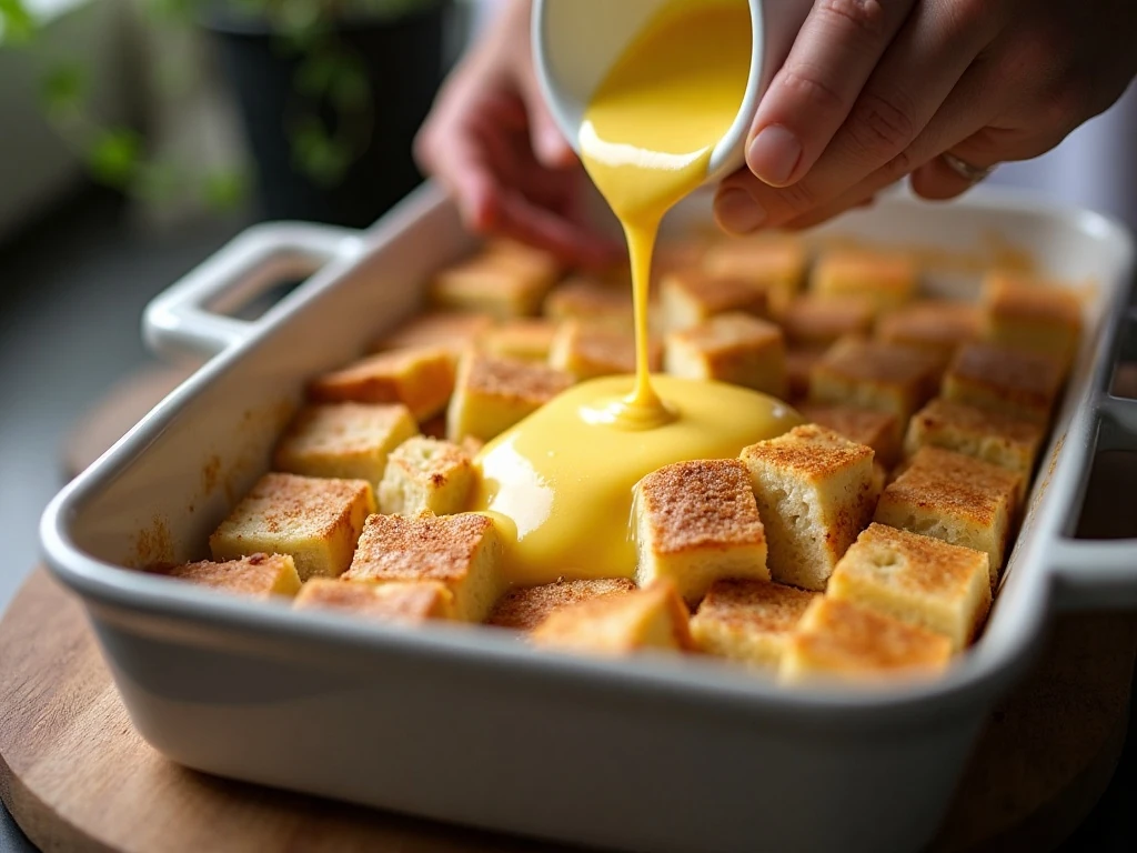 Pouring custard over bread cubes for French toast casserole