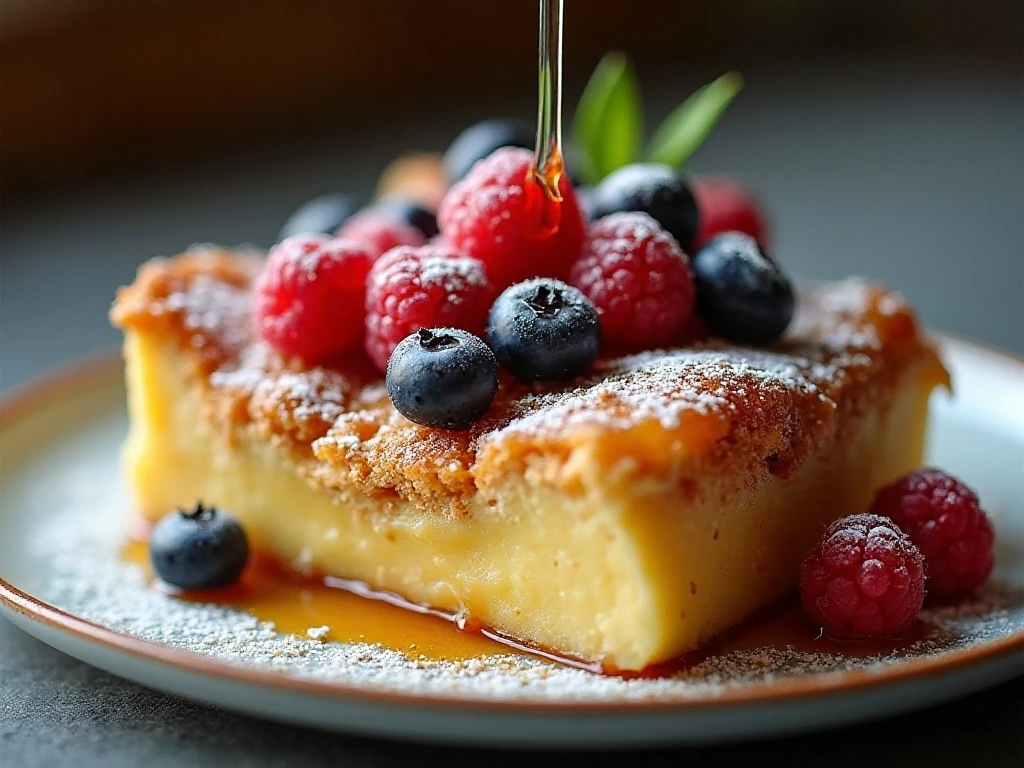 French toast casserole slice with berries, powdered sugar, and maple syrup