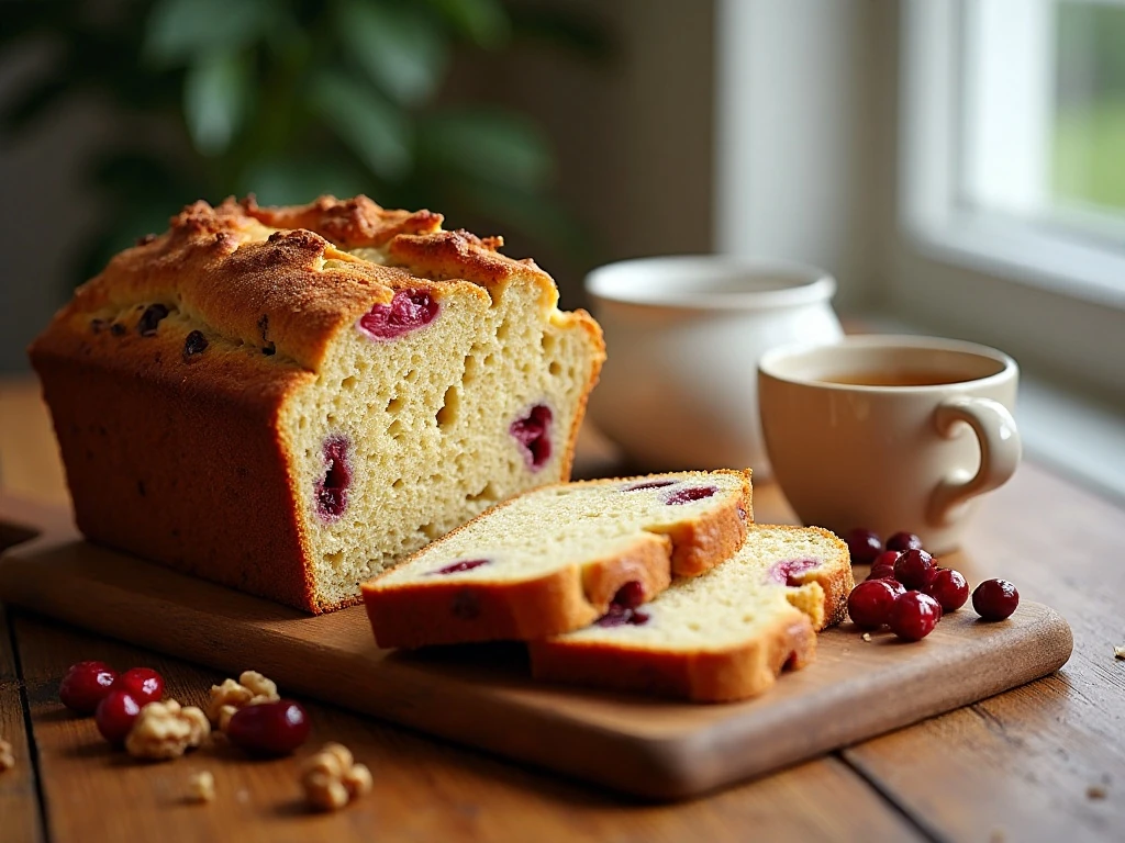 Sliced Paleo fruit and nut bread showing cranberries and walnuts