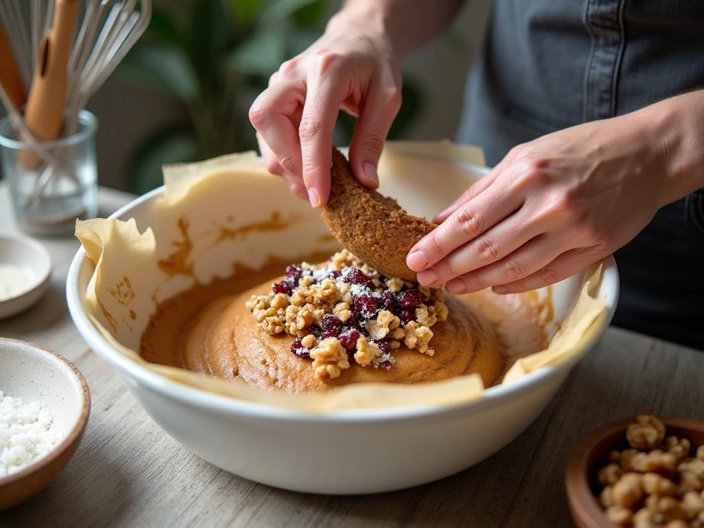 Folding fruit and nuts into Paleo bread batter