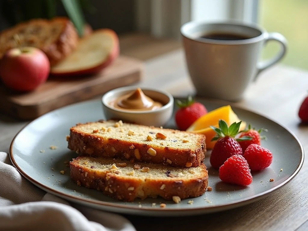 Paleo fruit and nut bread served with fruit and almond butter