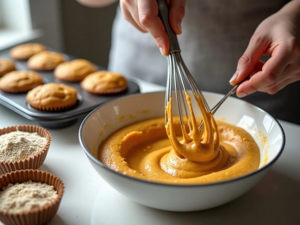 Mixing batter for almond flour pumpkin muffins