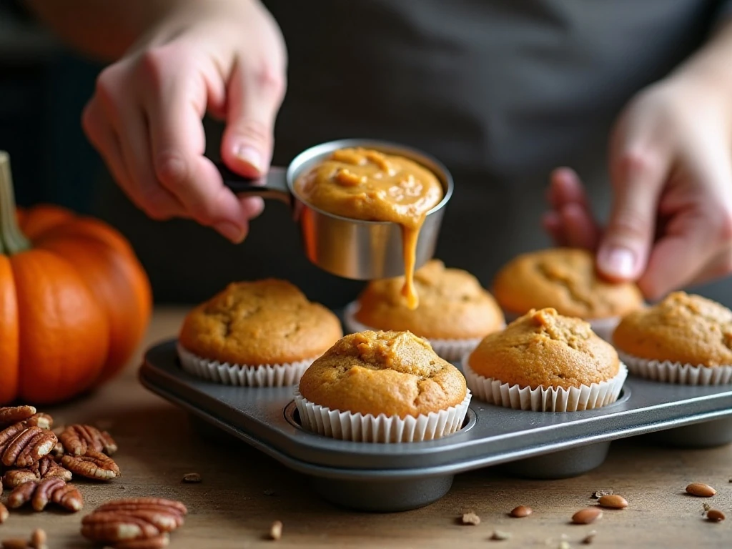 Portioning paleo pumpkin muffin batter into a muffin pan
