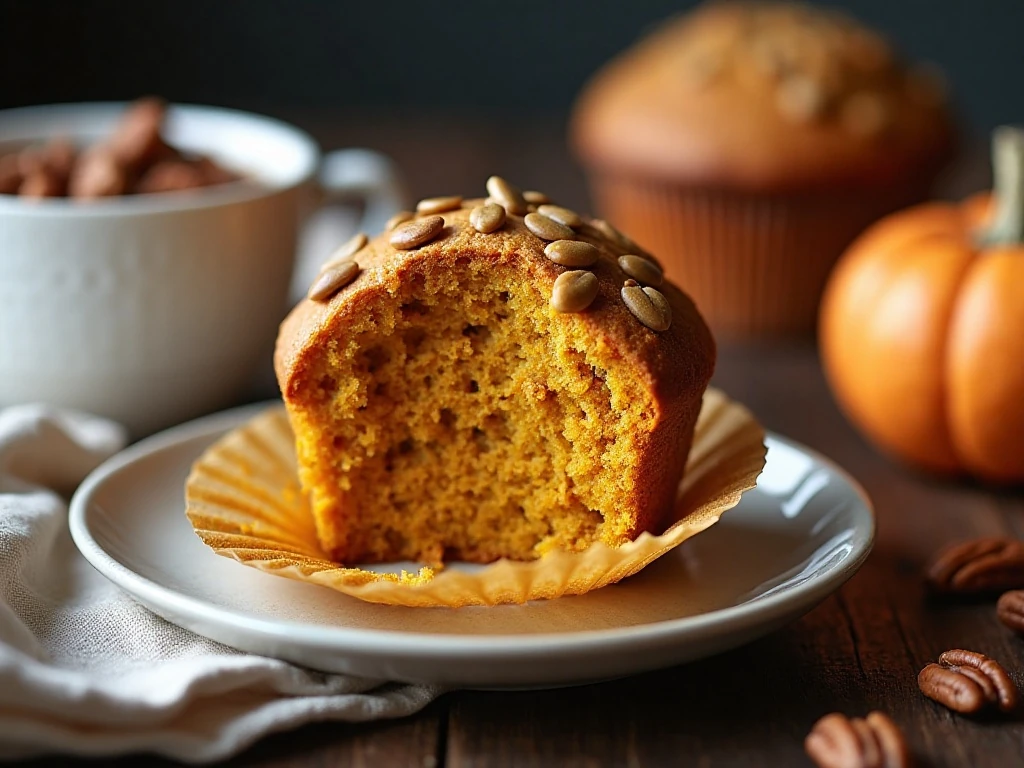 Sliced pumpkin muffin with pumpkin seed topping