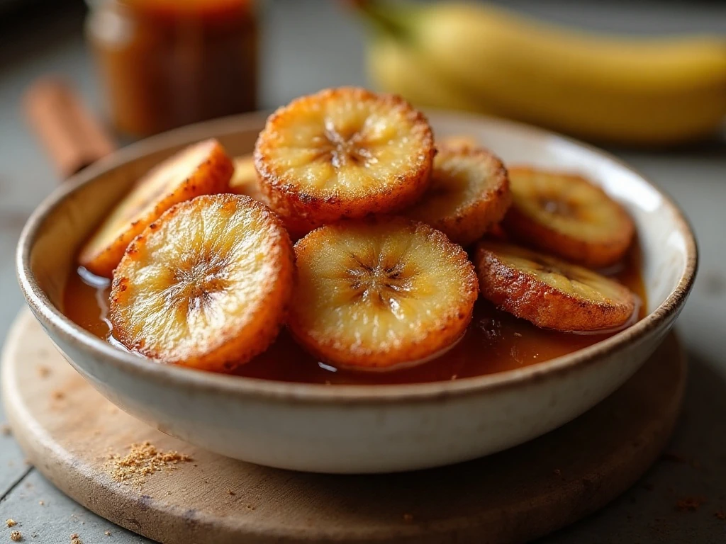 Warm pan-fried cinnamon bananas coated in brown sugar butter sauce