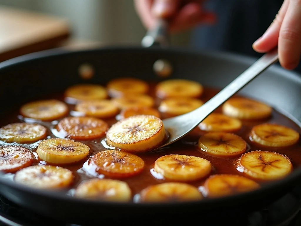 Banana slices cooking in cinnamon butter sauce in a skillet