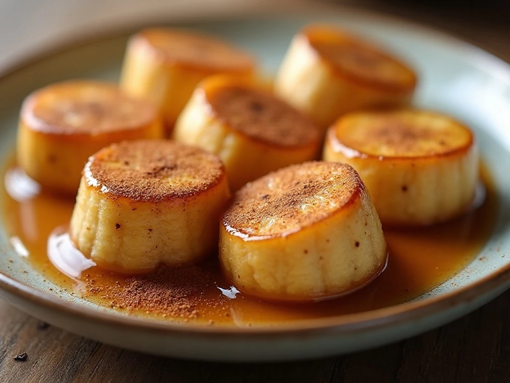 Close-up of glossy cinnamon banana slices with defined edges