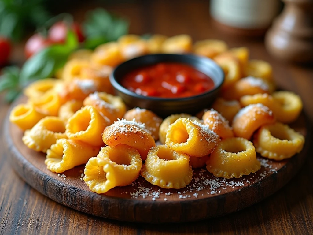Crispy pan-fried tortellini served with warm marinara for dipping