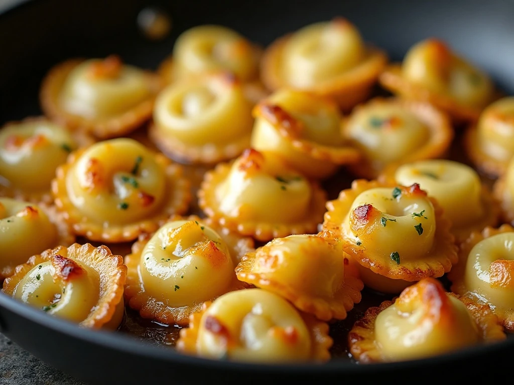 Tortellini spaced in a skillet for even crisping