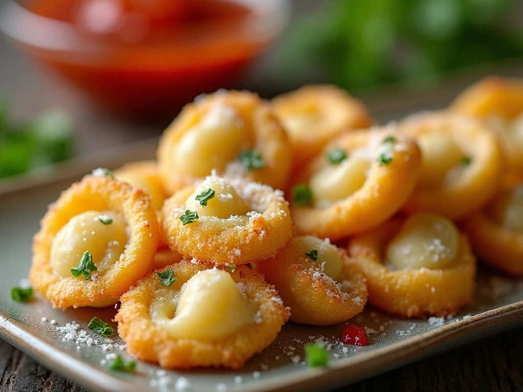 Parmesan and herb garnish on crispy pan-fried tortellini