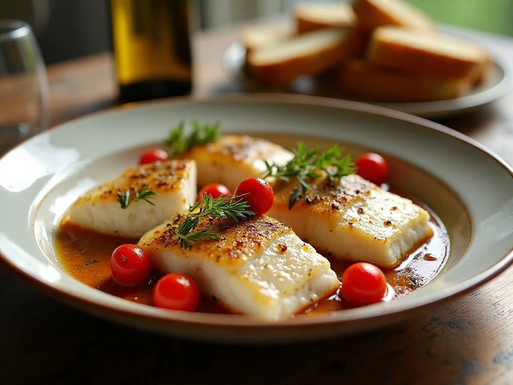 Pan-roasted cod fillets with cherry tomato pan sauce served for dinner