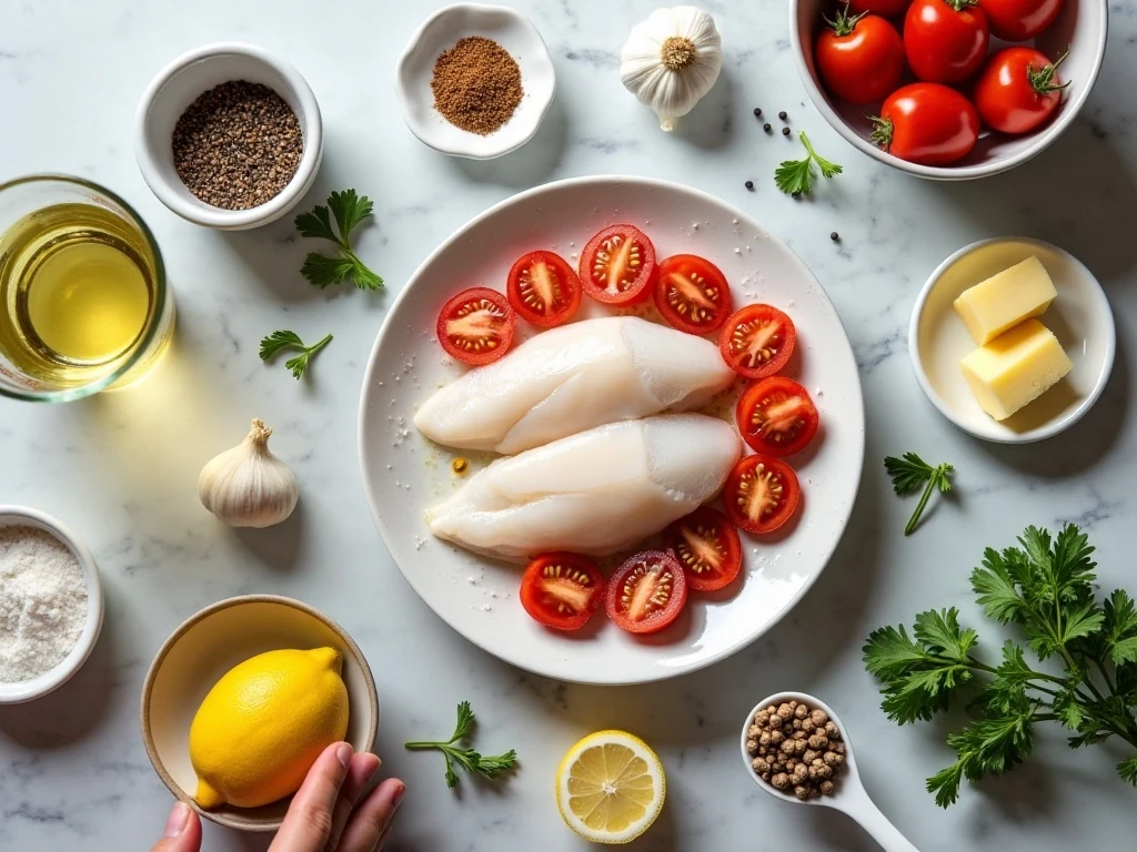 Ingredients for cod with cherry tomato pan sauce