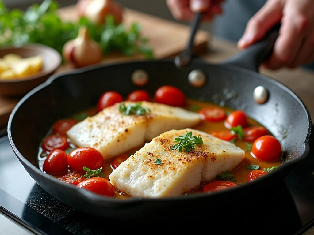 Cod fillets searing in a skillet with cherry tomatoes