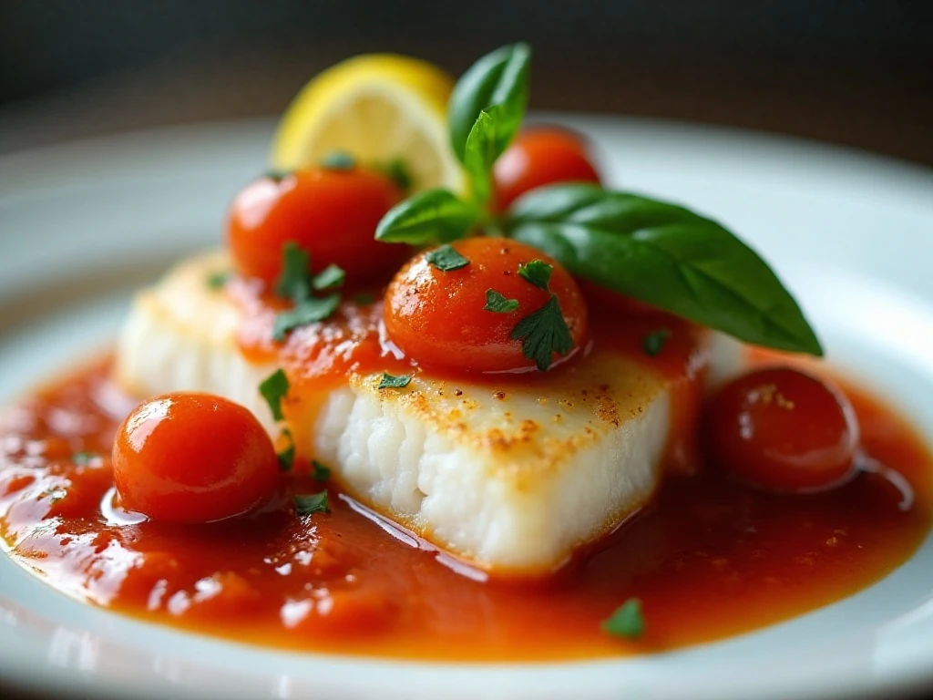 Close-up of cod with tomato sauce, herbs, and lemon