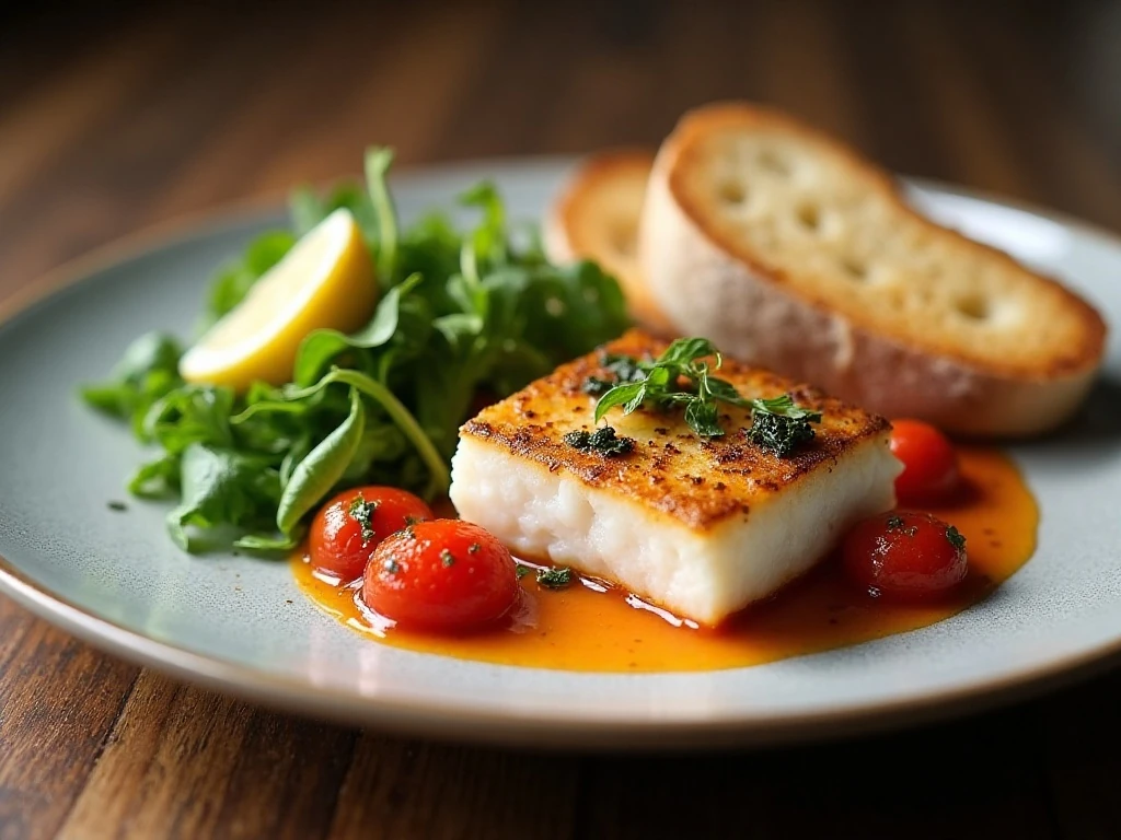 Finished pan-roasted cod dinner with cherry tomato sauce