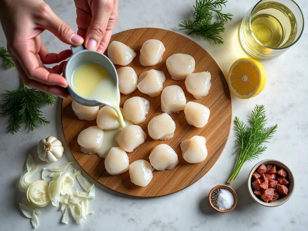 Ingredients for pan-seared scallops with bacon fennel cream sauce
