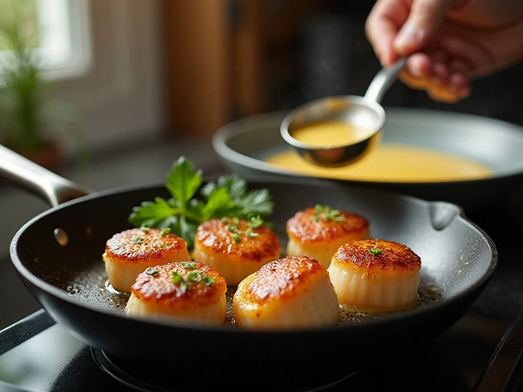 Sea scallops searing while bacon fennel cream sauce simmers
