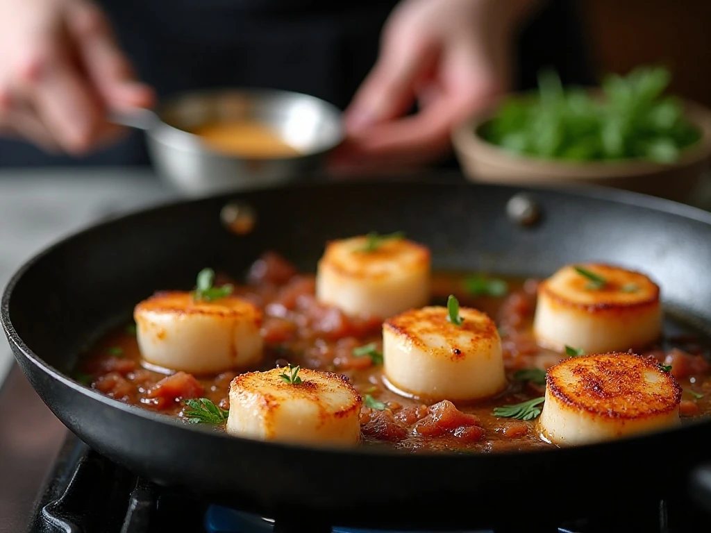 Scallops spaced in a hot skillet for a golden sear