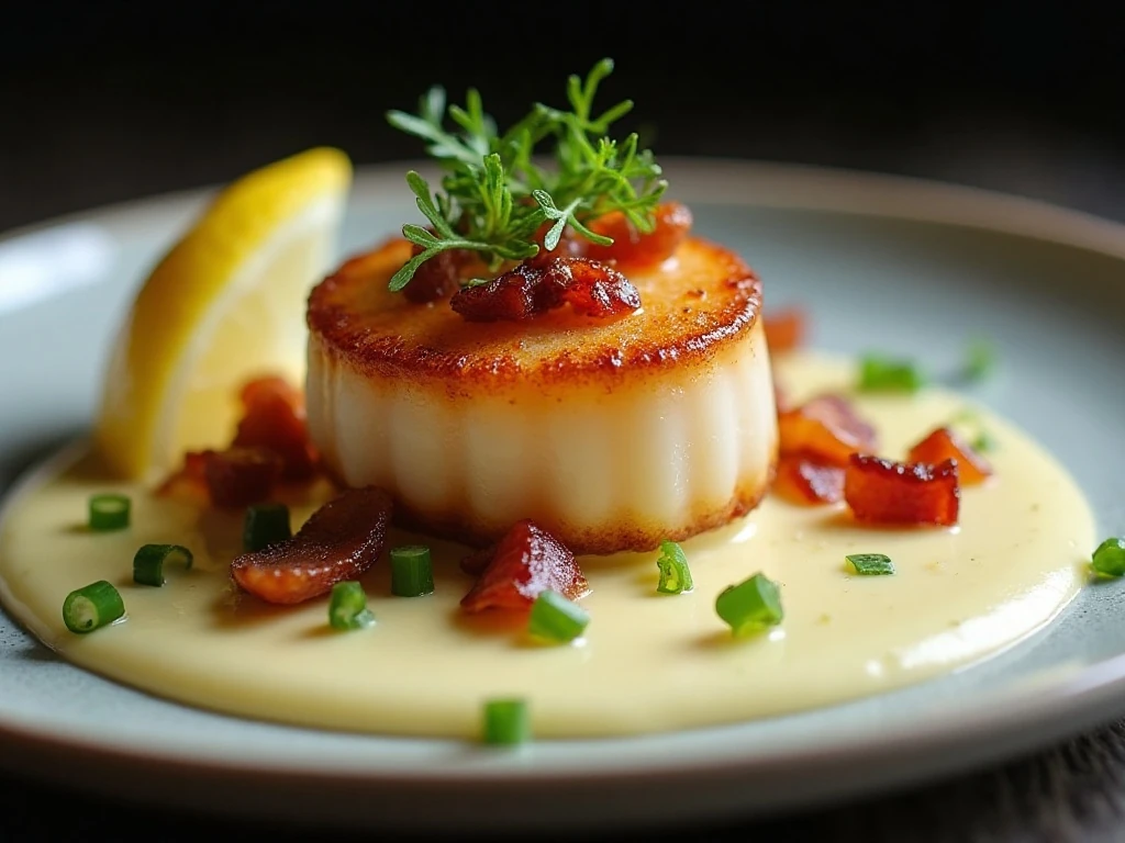 Close-up of scallop with bacon, fennel fronds, and cream sauce