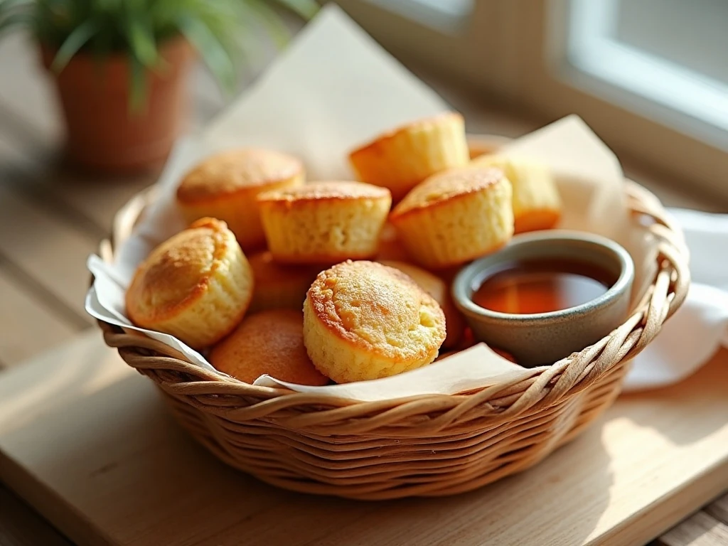 Golden pancake mini muffins served with maple syrup