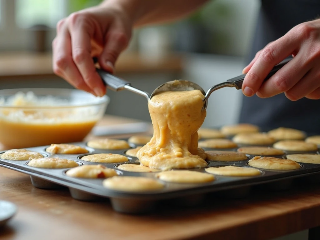 Portioning pancake batter into a mini-muffin pan