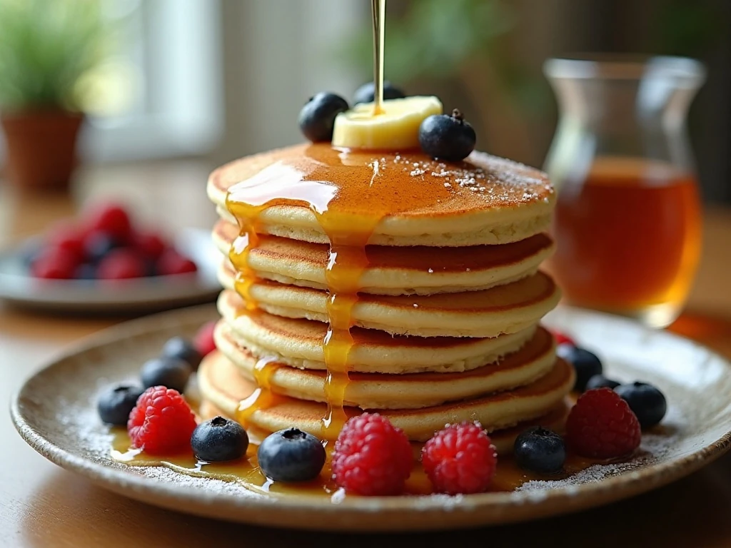 Fluffy buttermilk pancakes made without baking powder with butter and maple syrup