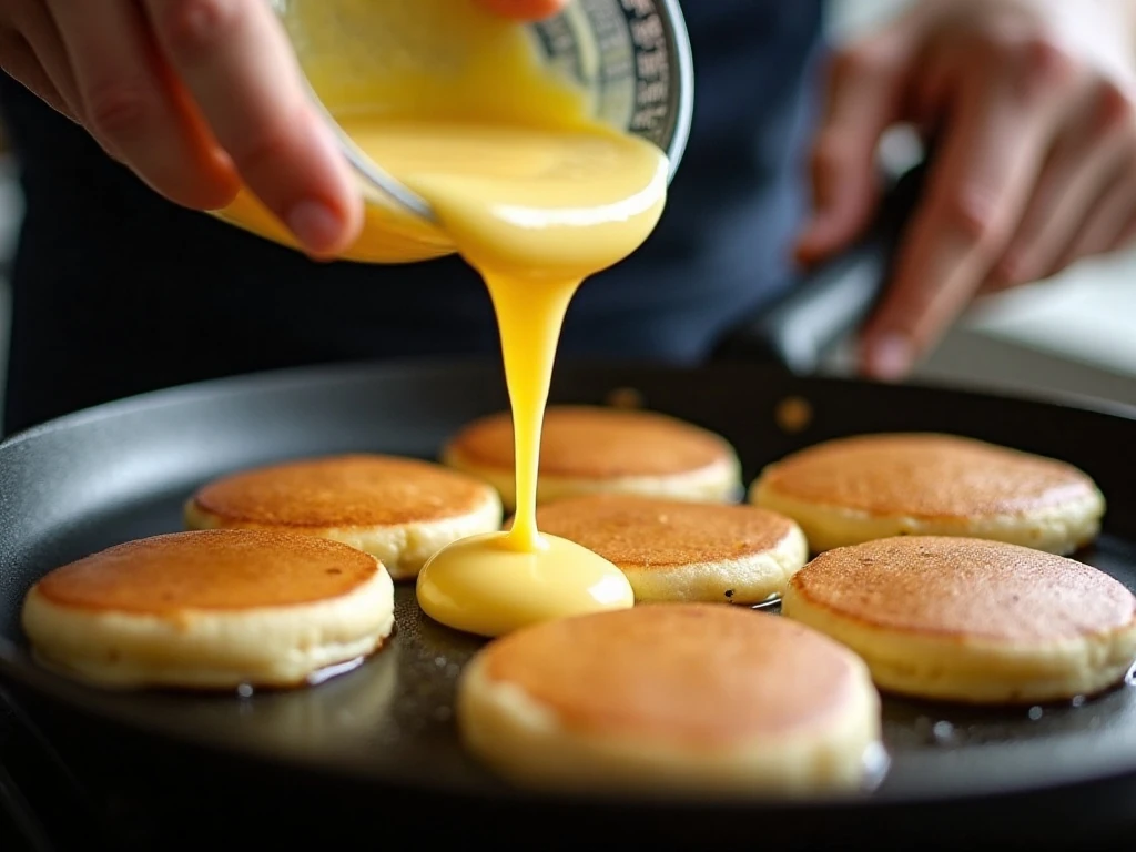Cooking homemade buttermilk pancakes in a skillet