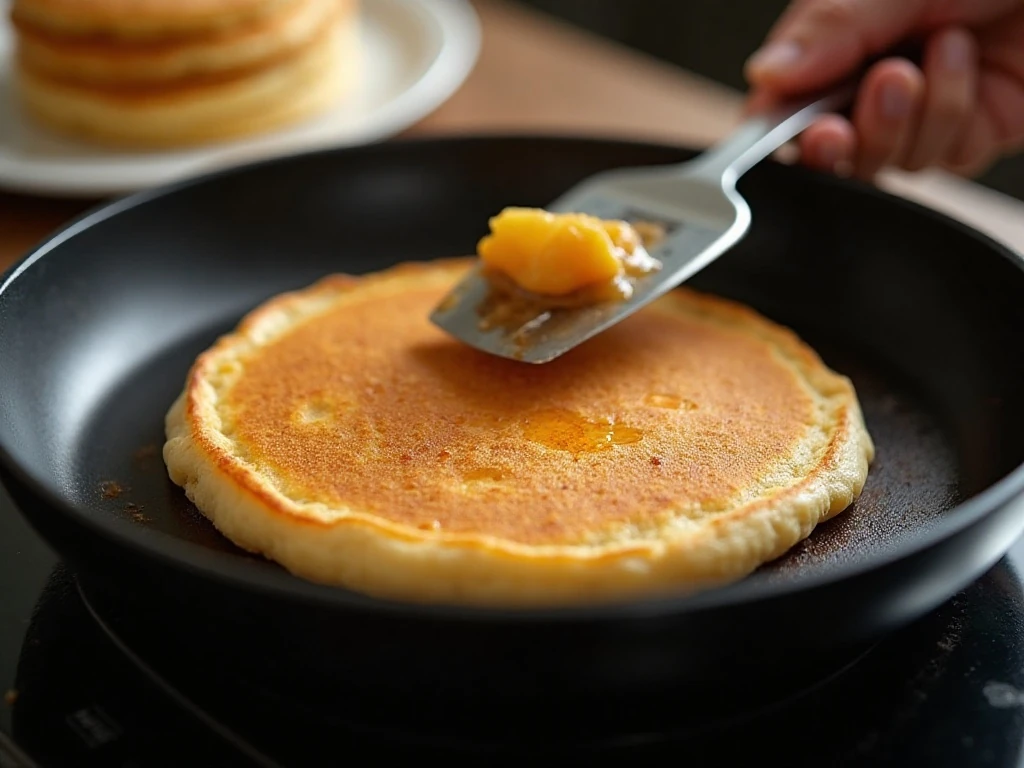 Flipping a golden pancake over medium heat