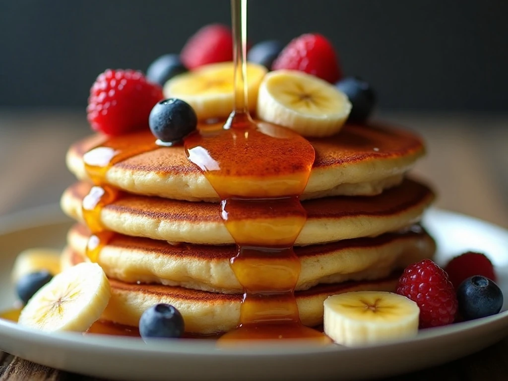 Pancake stack served with syrup, butter, berries, and banana