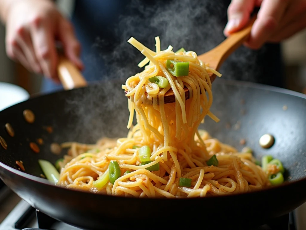 Noodles and vegetables being stir-fried in a wok