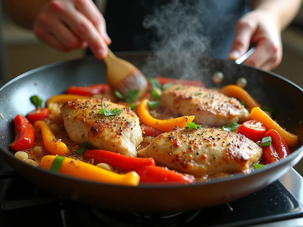 Chicken browning in a skillet for Sweet Fire Chicken