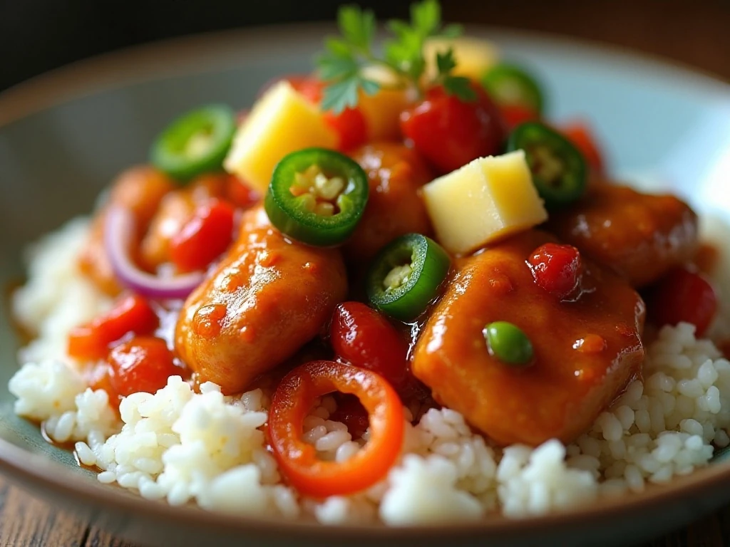 Sweet Fire Chicken with pineapple and peppers over rice