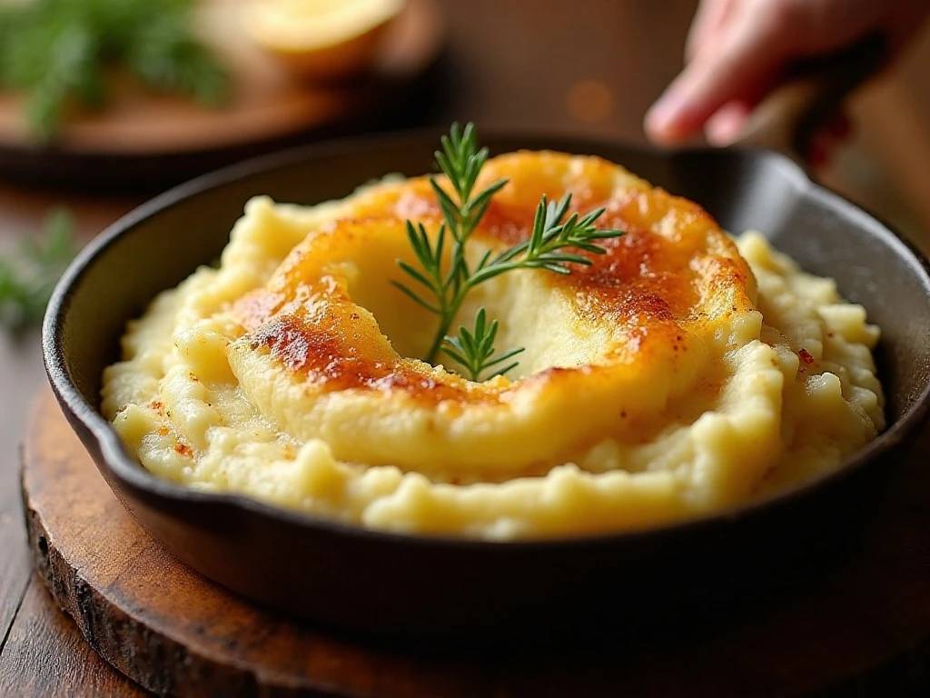 Creamy garlic mashed potatoes with a golden crispy panko topping