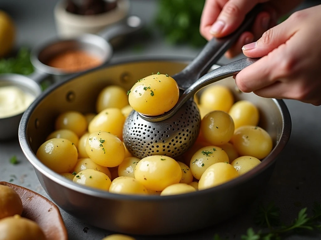 Mashing tender potatoes and garlic with butter and warm cream