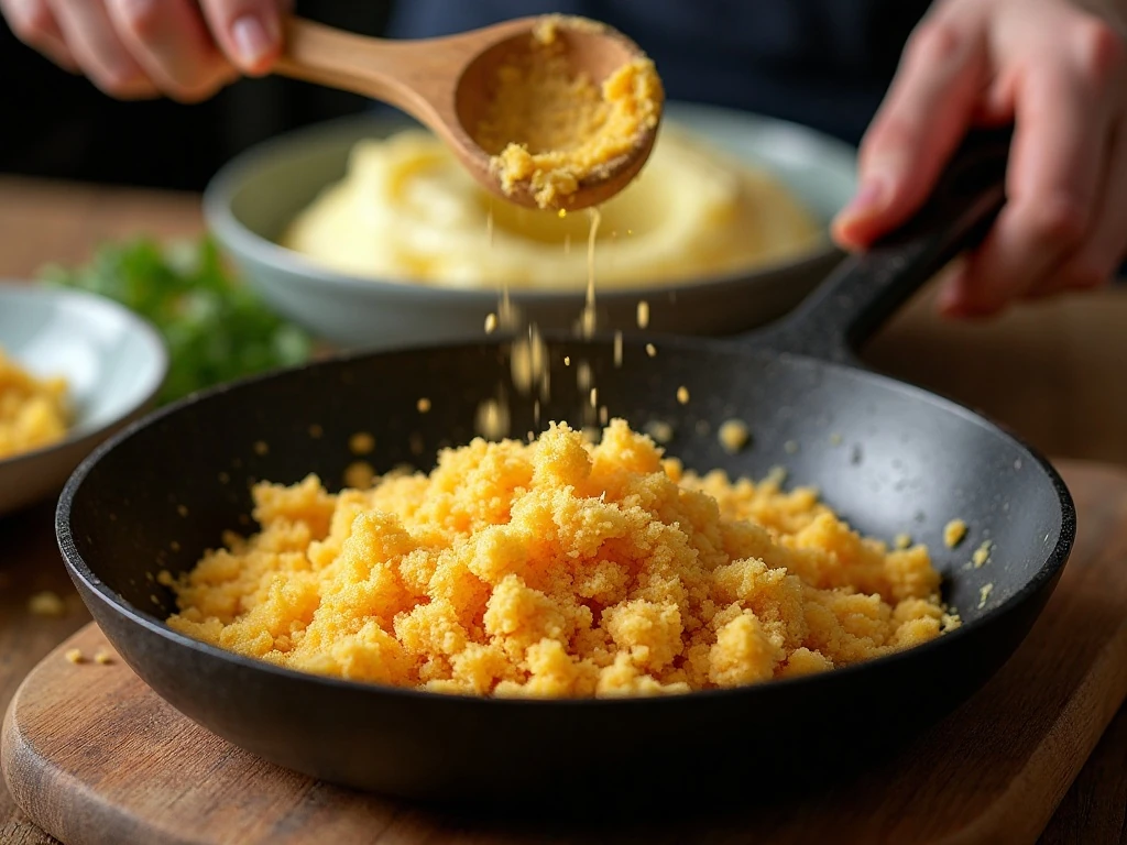 Toasting panko breadcrumbs in butter for a crispy potato topping