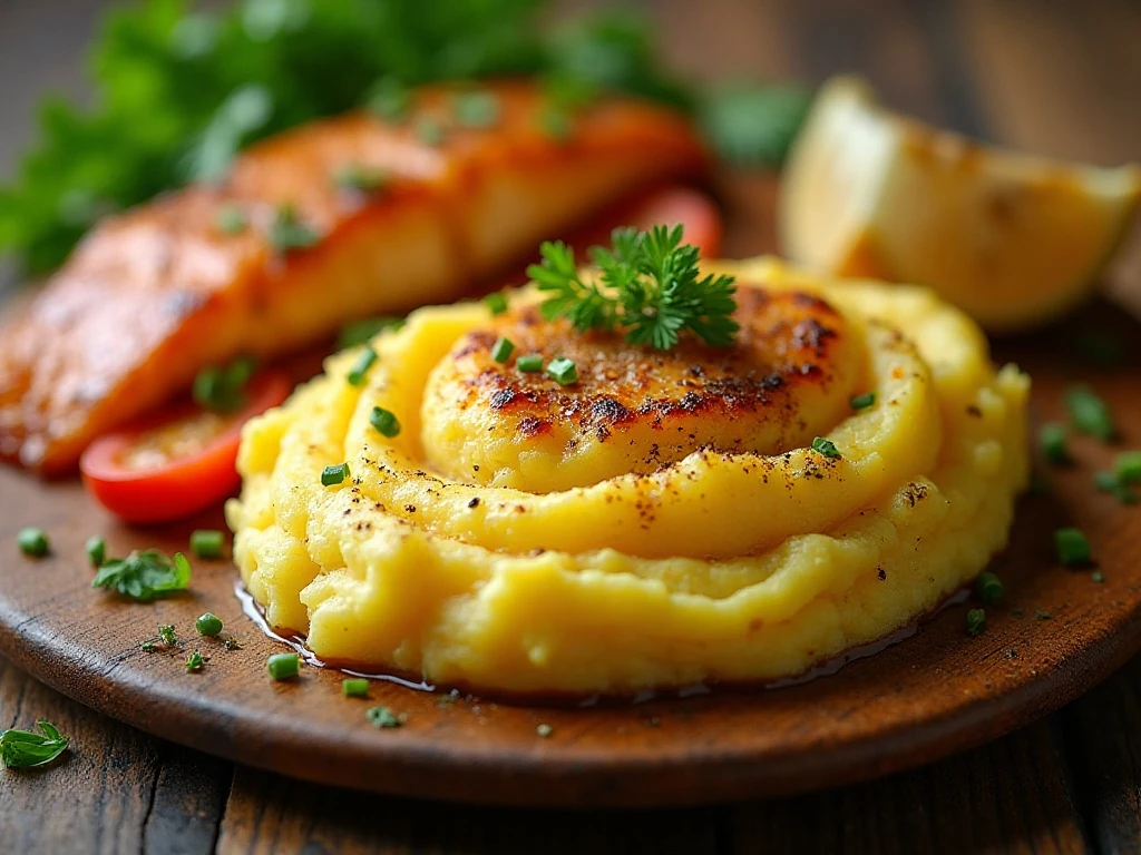 Panko garlic mashed potatoes served with fish and roasted vegetables