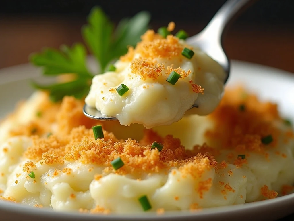 Close-up of creamy mashed potatoes beneath a crisp panko topping