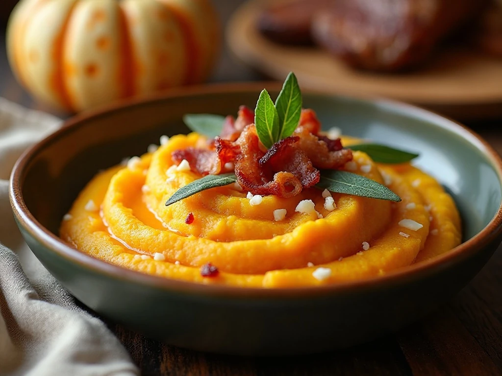 Creamy Parmesan bacon pumpkin mashed potatoes served as an autumn side dish