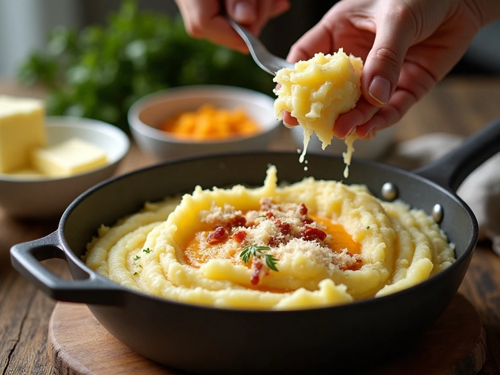 Preparing pumpkin mashed potatoes with Parmesan and bacon