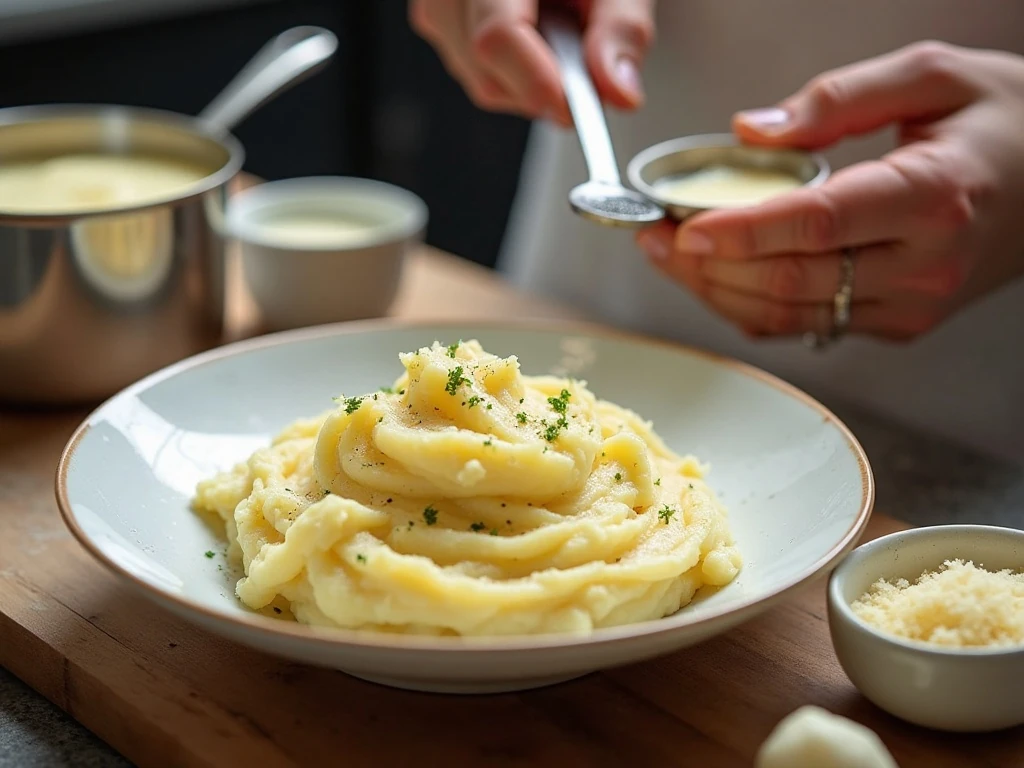 Tools and warm dairy used for fluffy mashed potatoes
