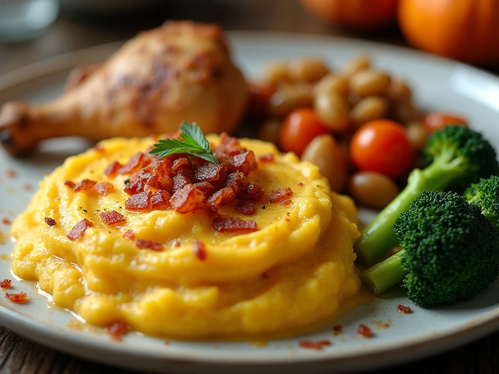Pumpkin mashed potatoes served with roast dinner and vegetables